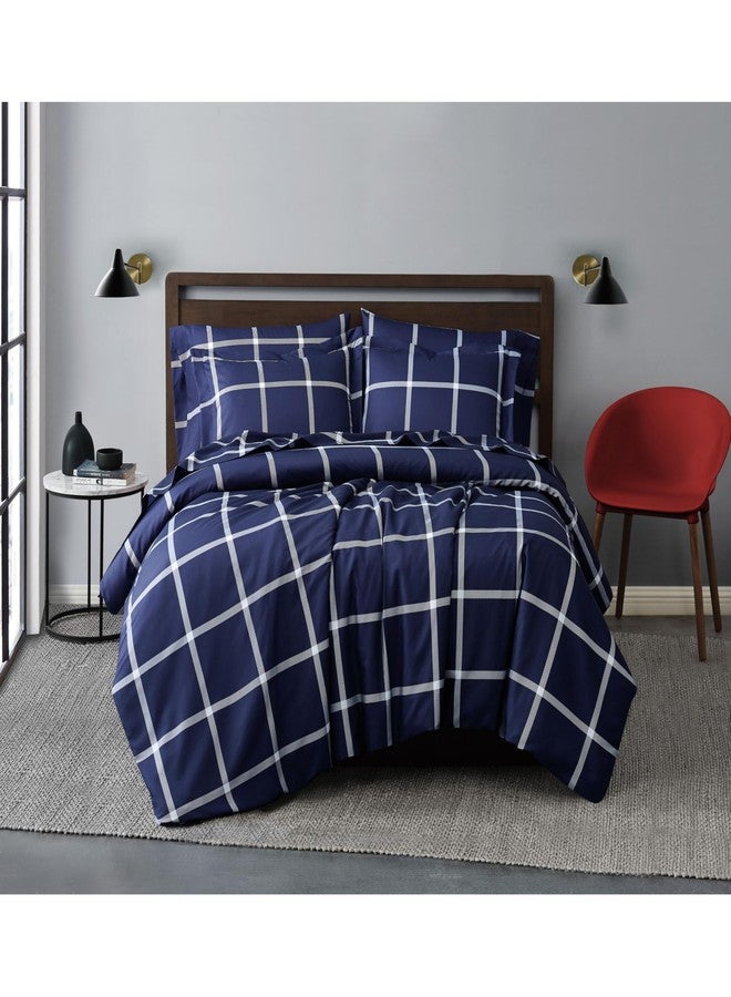 TRULY SOFT Printed Windowpane White and Navy Polyester 3-Piece King Duvet Set, Geometric Themed, for Men and Women, Oeko-TEX Certified Confidence - Image 1